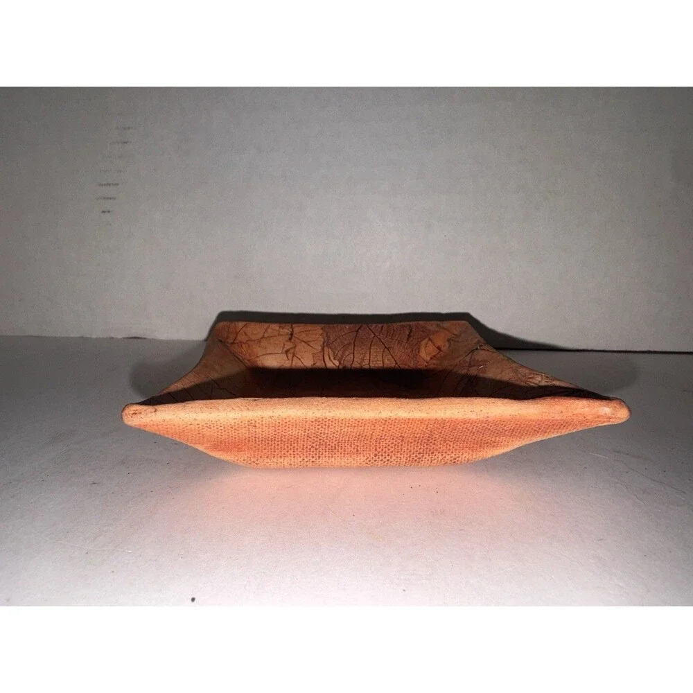 Signed Malabar Pottery Clay Stamped Leaves 5” Square Trinket Dish Plate Florida